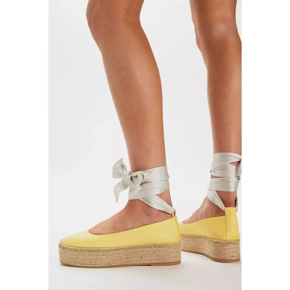 Free People Starboard Wrap Platform Espadrilles Lace Up Lemon Leather 39/8.5 NEW
